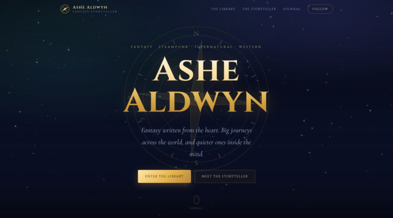 The homepage hero for Ashe Aldwyn's newly designed website.